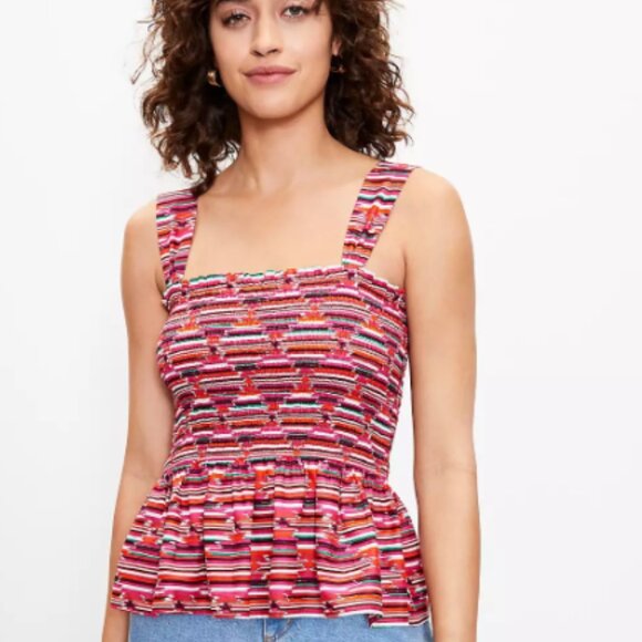 LOFT Ikat Smocked Peplum Cami Tank Top Boho Southwestern Aztec NWT Size Medium - Picture 1 of 8